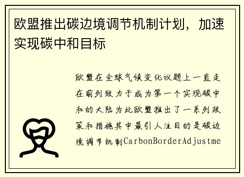 欧盟推出碳边境调节机制计划，加速实现碳中和目标